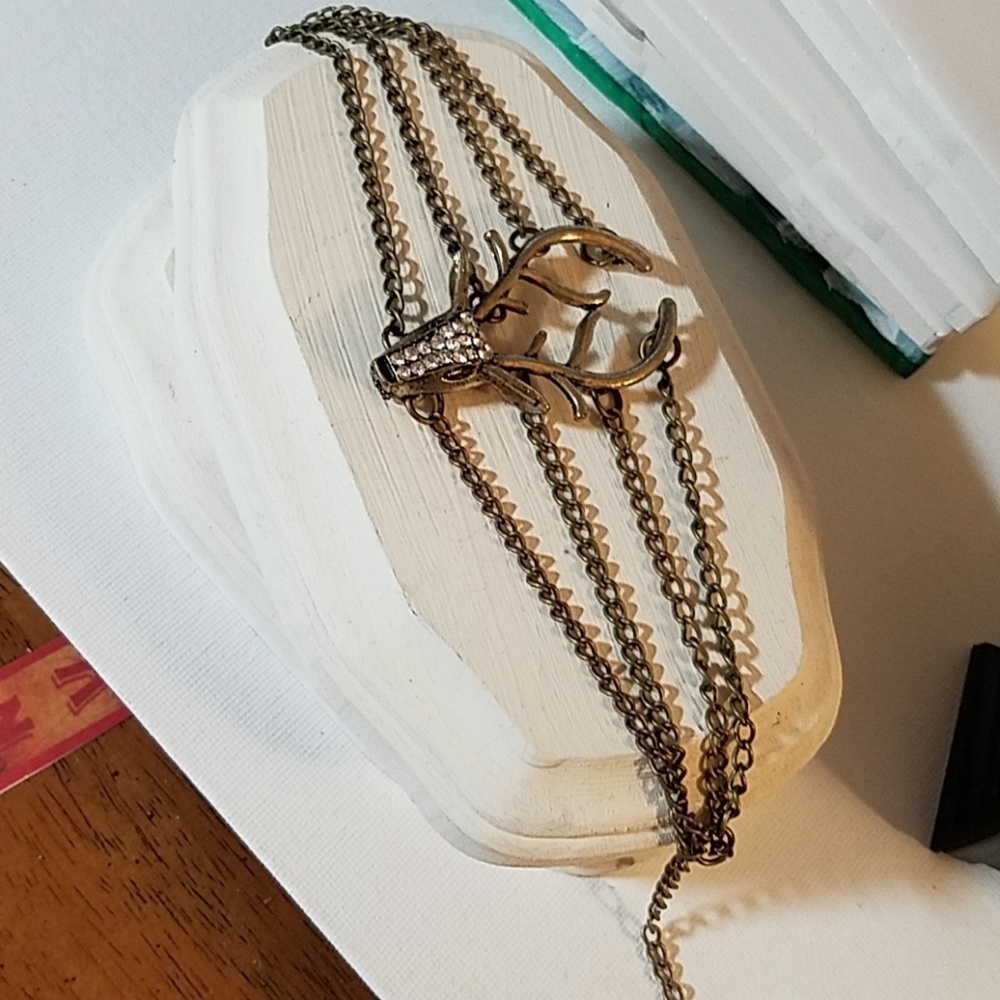 Deer Head Antlers Rhinestone Antique Gold Bracelet